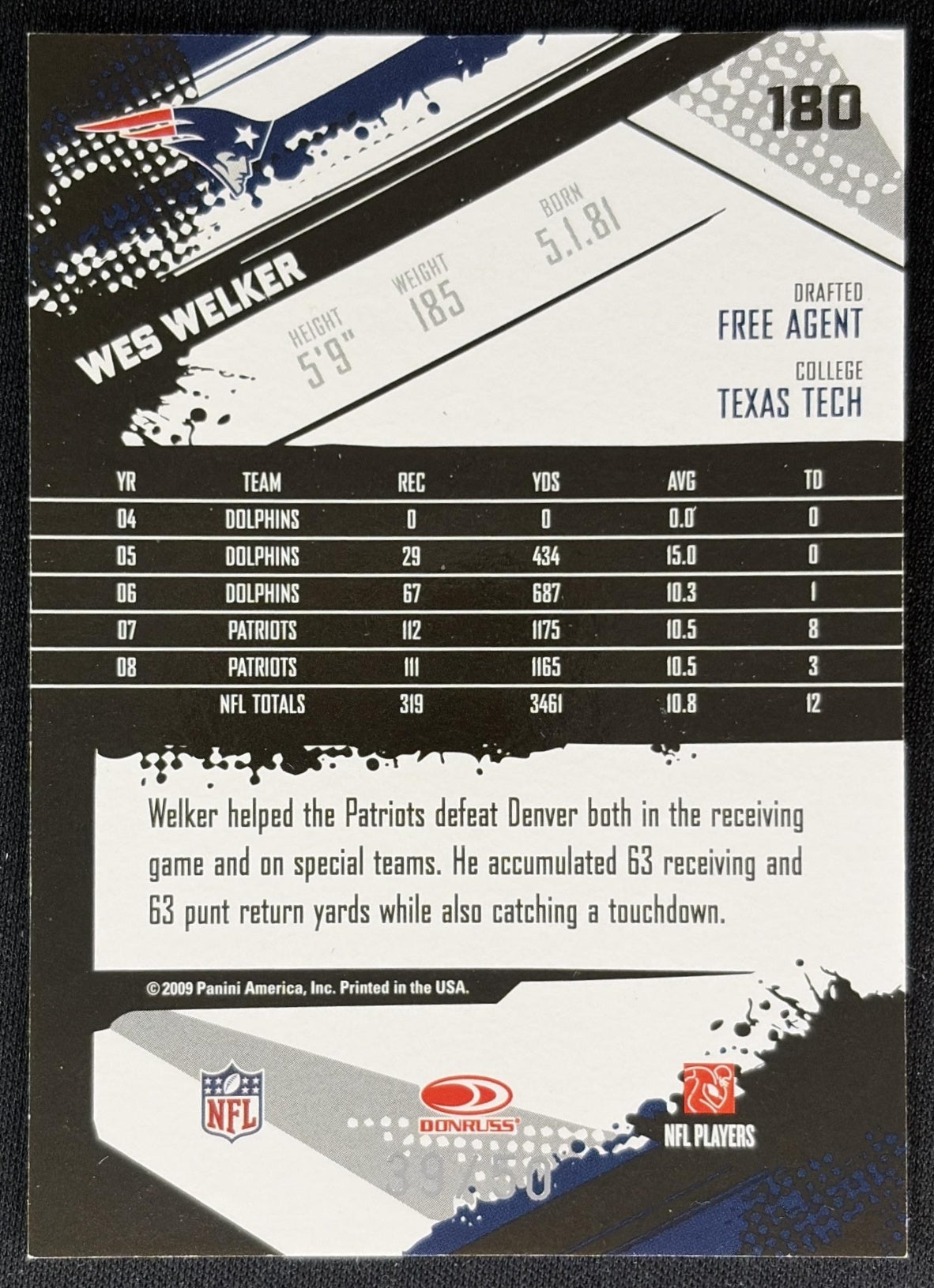Wes Welker 2009 Panini Score Inscriptions Scorecard /50 Patriots Sports Trading Cards