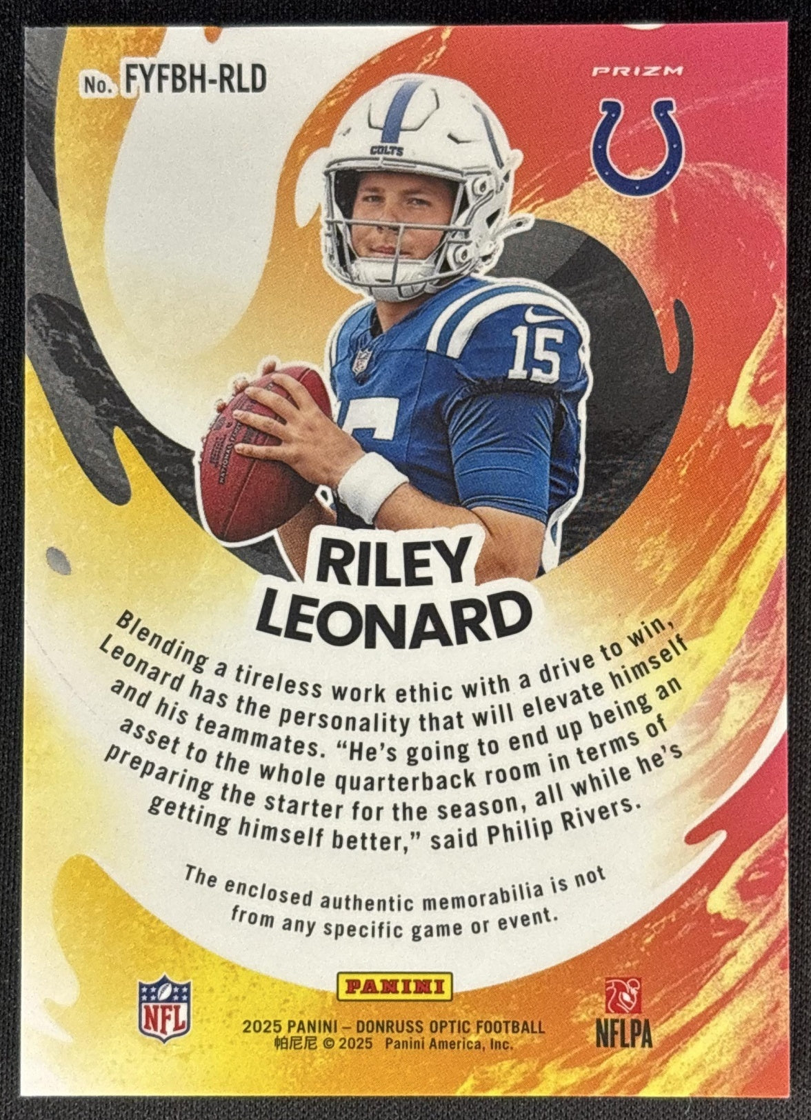 Riley Leonard 2025 Panini Donruss Optic First Year Fresh Blue Hyper Prizm Colts Sports Trading Cards