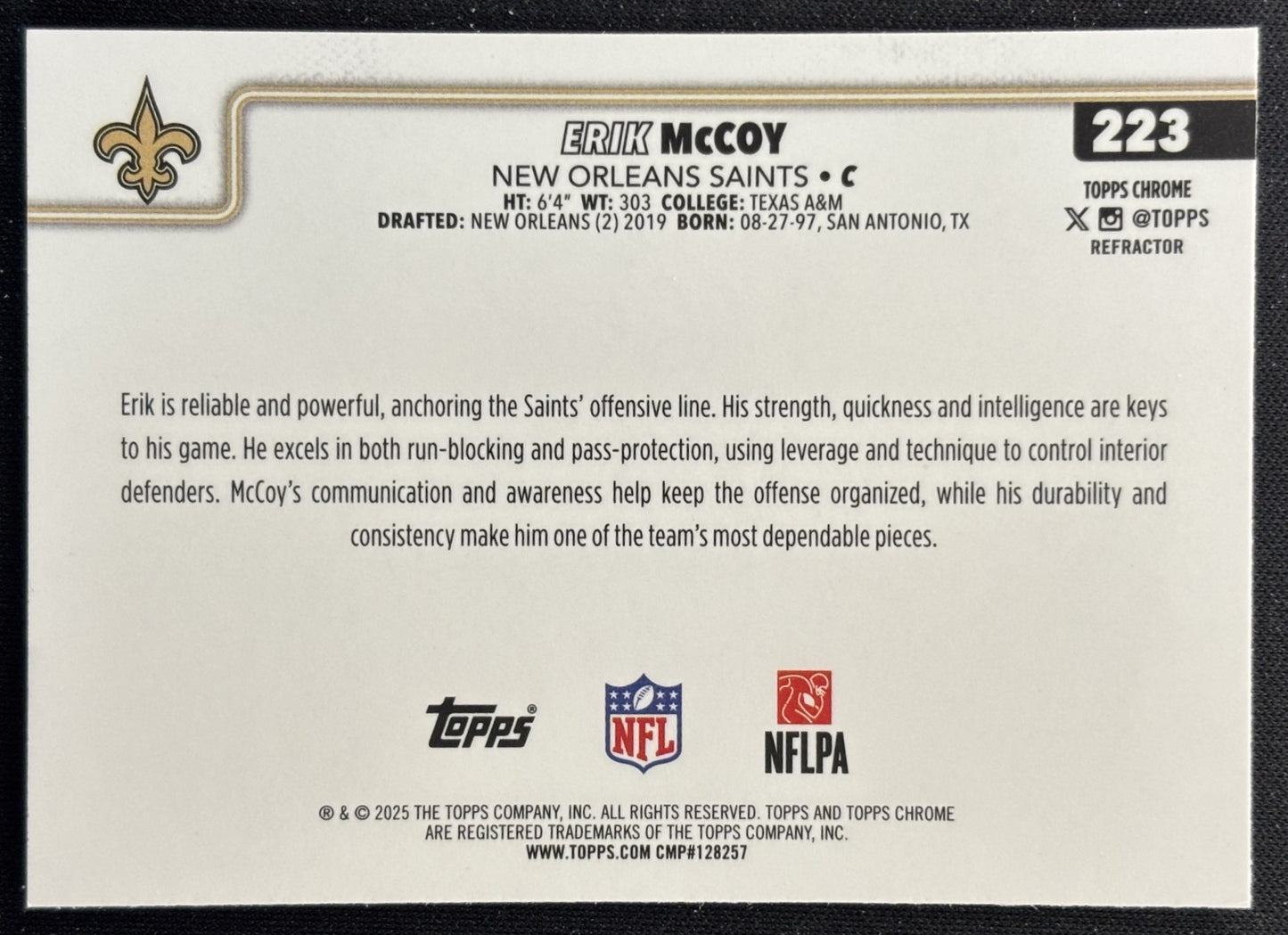 Erik McCoy 2025 Topps Chrome Refractor Saints Sports Trading Cards
