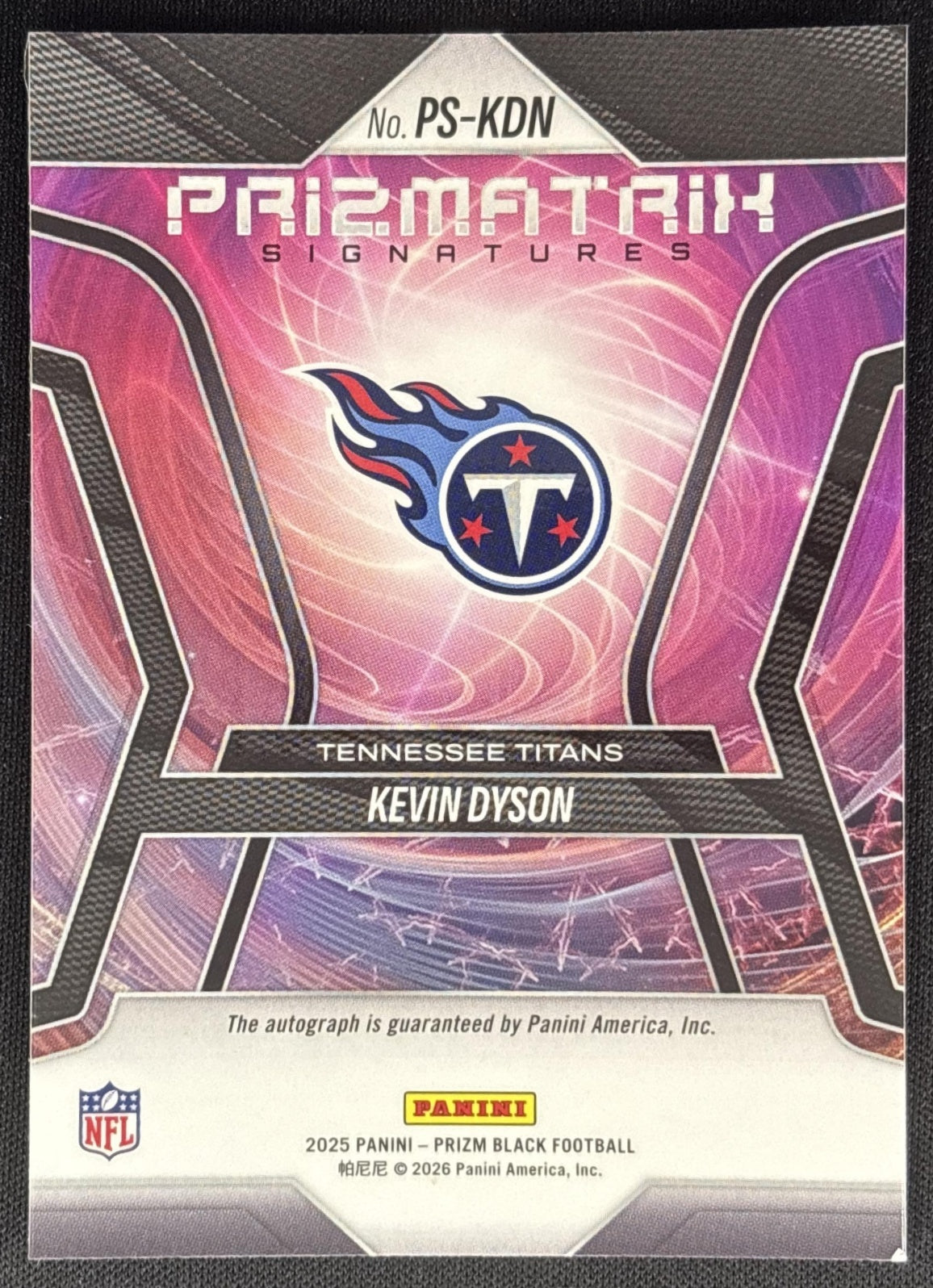 Kevin Dyson 2025 Panini Prizm Black Prizmatrix Signatures Silver Titans Sports Trading Cards