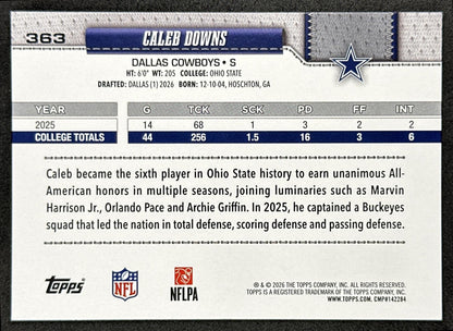 Caleb Downs 2026 Topps Flagship Rookie Cowboys Sports Trading Card