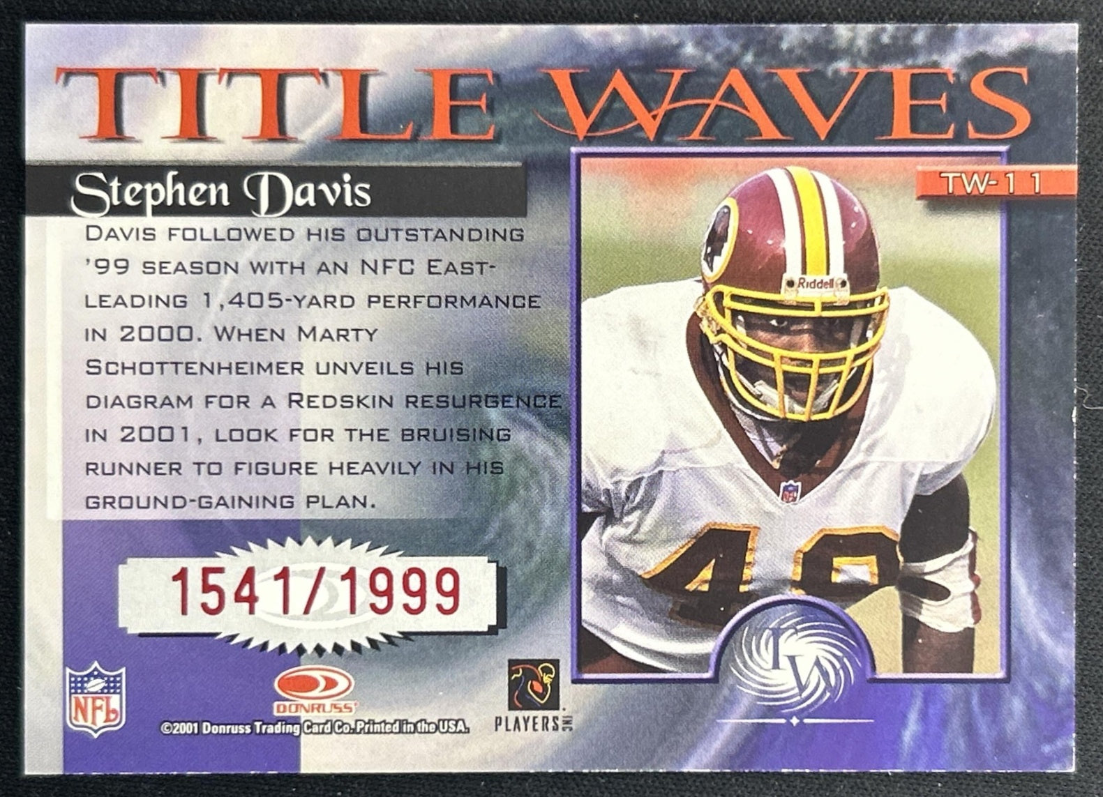Stephen Davis 2001 Donruss Elite Title Waves /1999 Redskins back