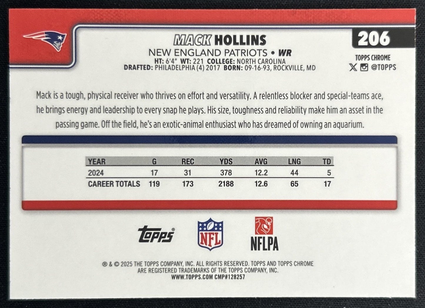 Mack Hollins 2025 Topps Chrome Yellow Wave Refractor /275 Patriots back