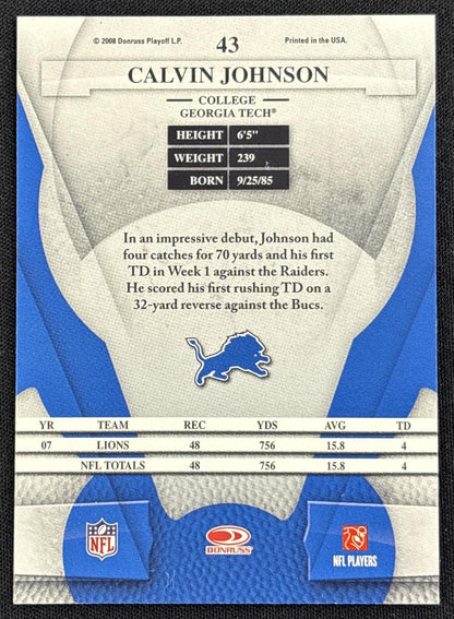 Calvin Johnson 2008 Playoff Prestige Rookie Review Materials Lions