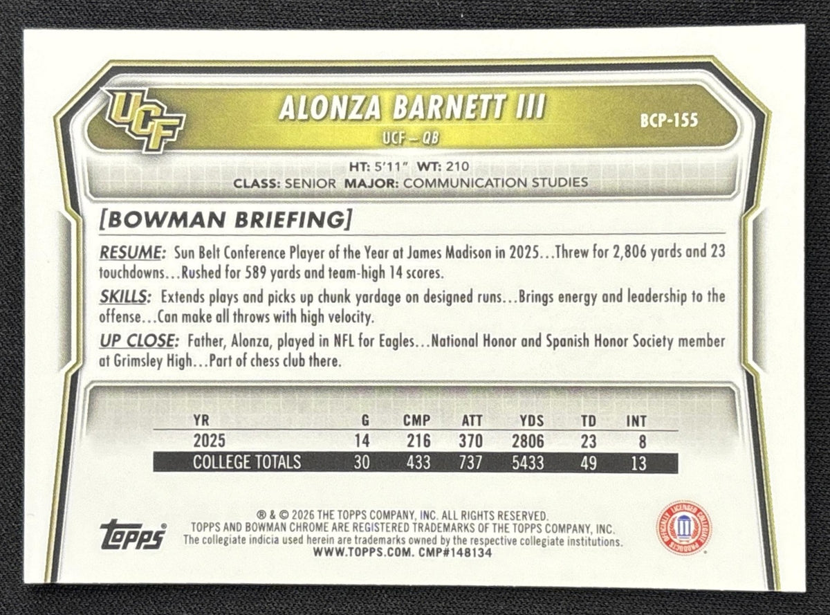 Alonza Barnett III 2026 Bowman Chrome Prospects Yellow Refractor /275 Knights Sports Trading Card