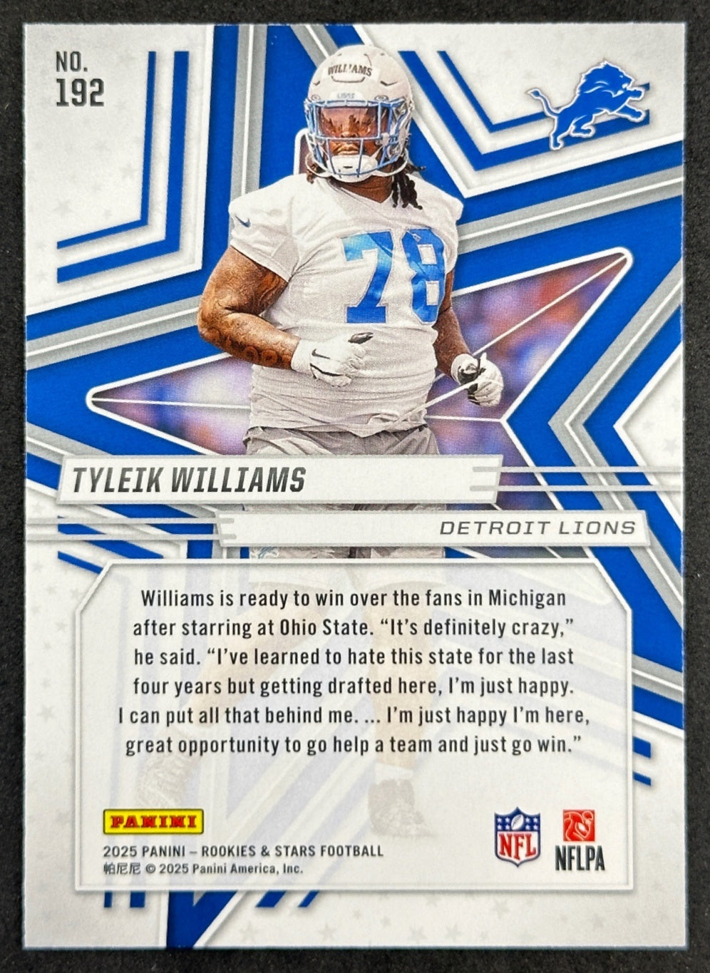 Tyleik Williams 2025 Panini Rookies & Stars Lions Sports Trading Cards