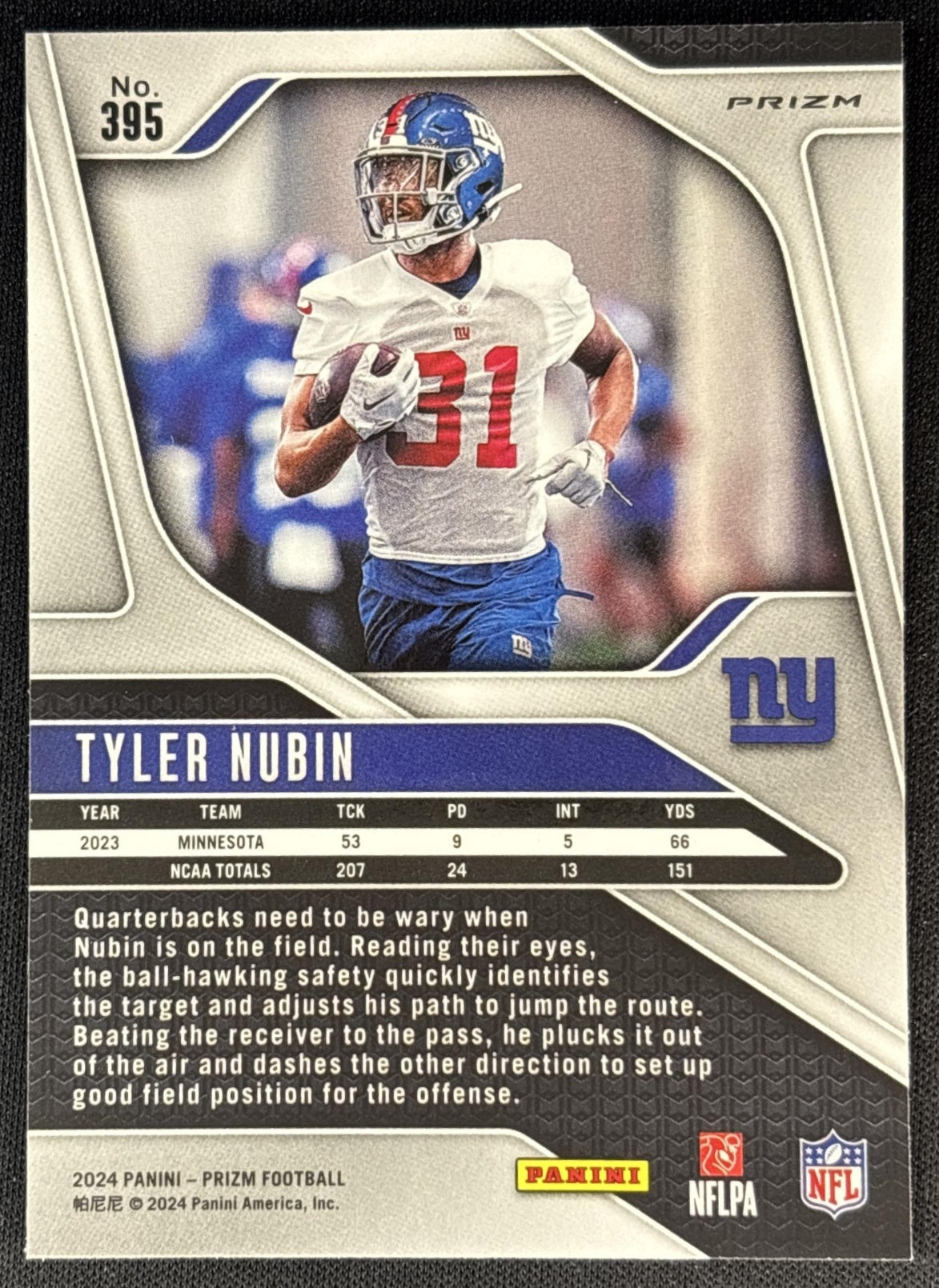 Tyler Nubin 2024 Panini Prizm No Huddle Giants