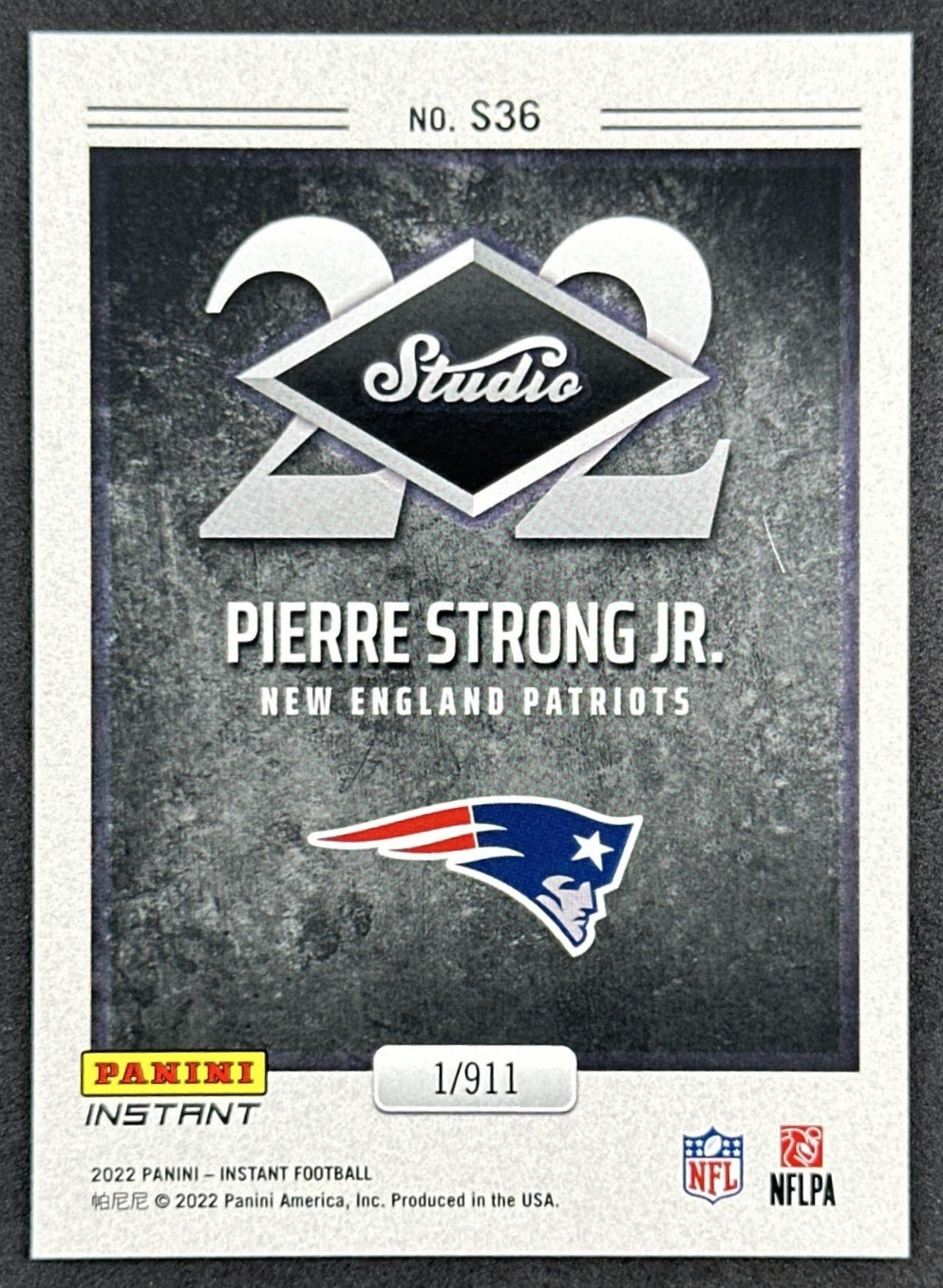 Pierre Strong Jr. 2022 Panini Instant Studio Rookie /911 Patriots Packers back sports trading card