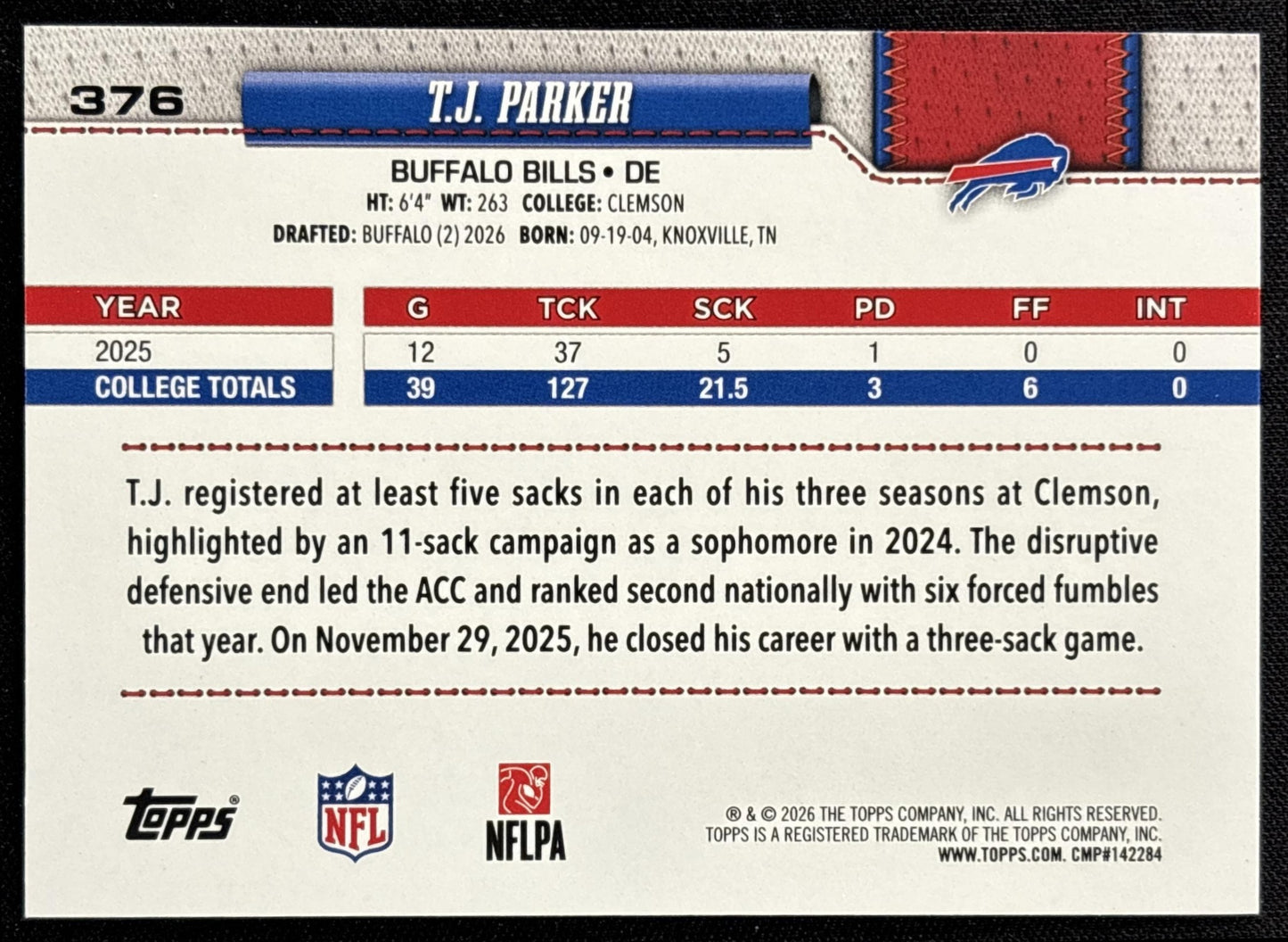 T.J. Parker 2026 Topps Football Leather Foil Bills