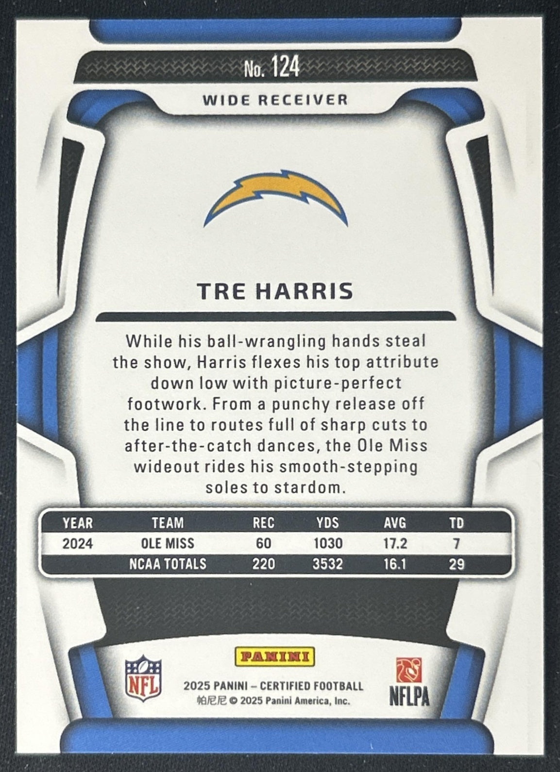 Tre Harris 2025 Panini Certified Rookies Mirror Orange /150 Chargers back