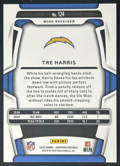 Tre Harris 2025 Panini Certified Rookies Mirror Orange /150 Chargers back