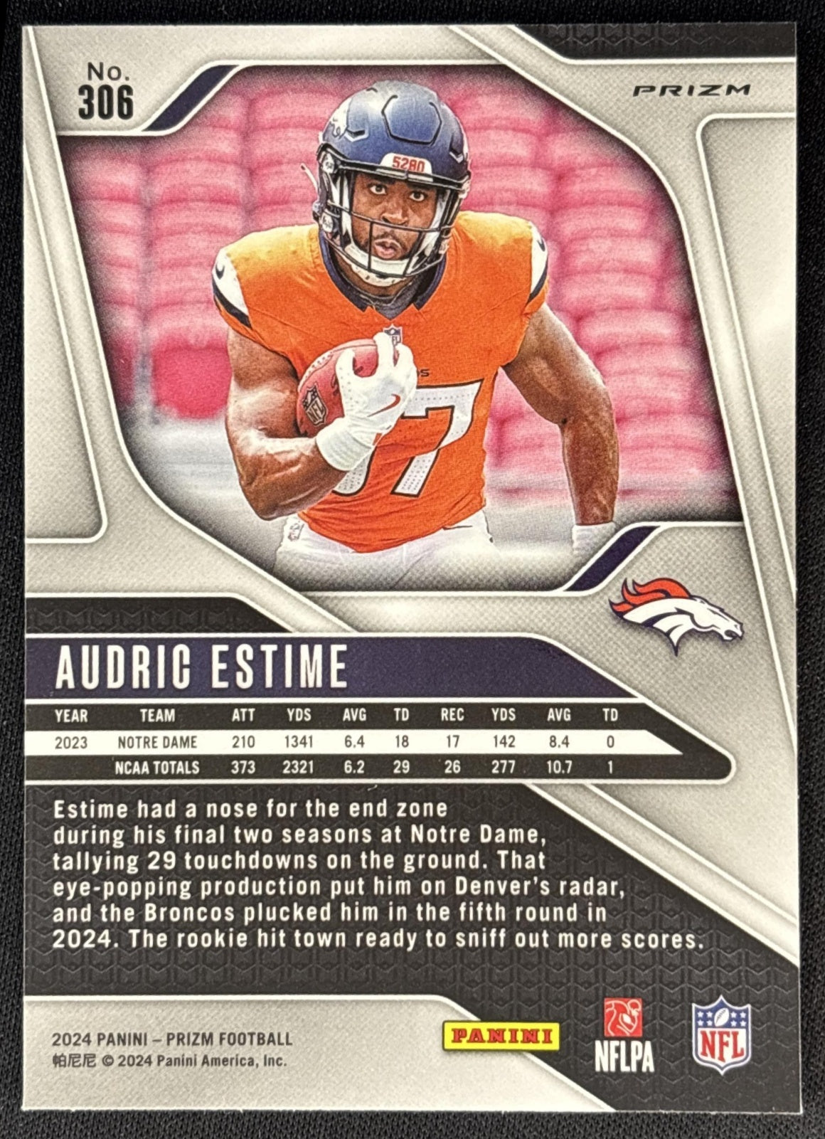 Audric Estime 2024 Panini Prizm Red White and Blue Broncos back