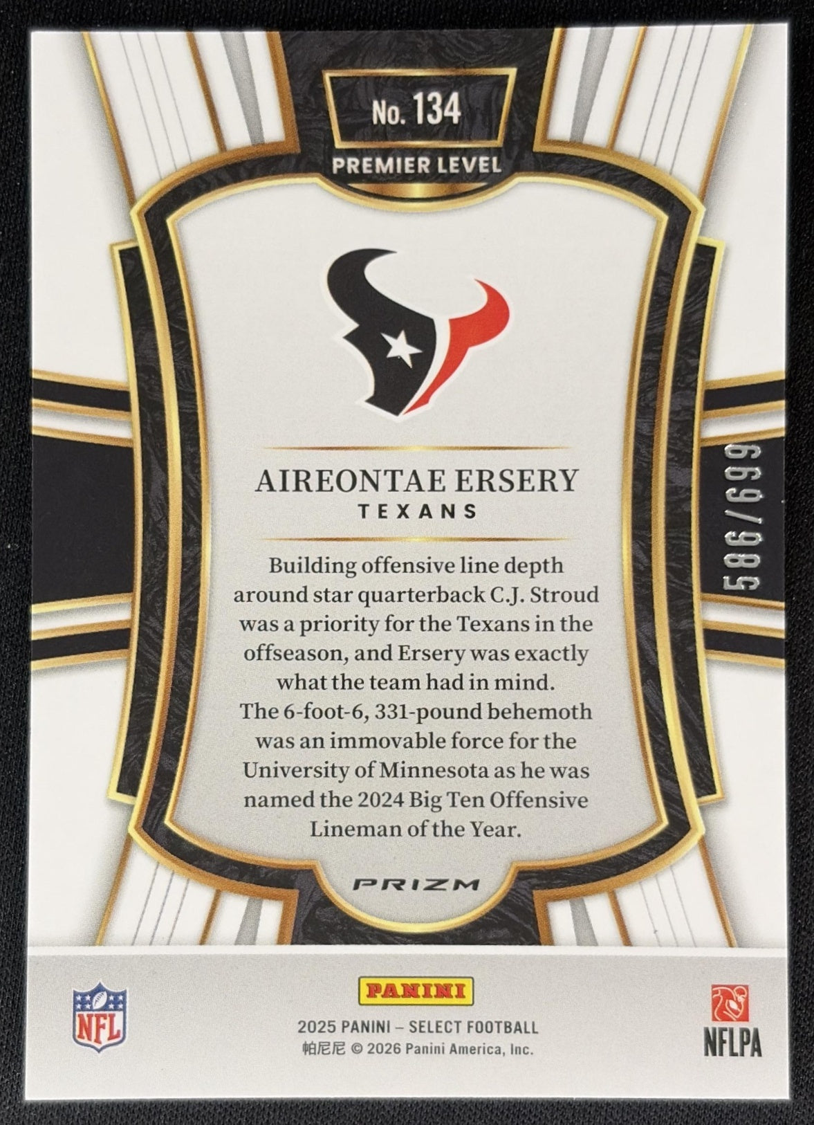 Aireontae Ersery 2025 Panini Select Premier Level Purple Prizm Shock /699 Texans back
