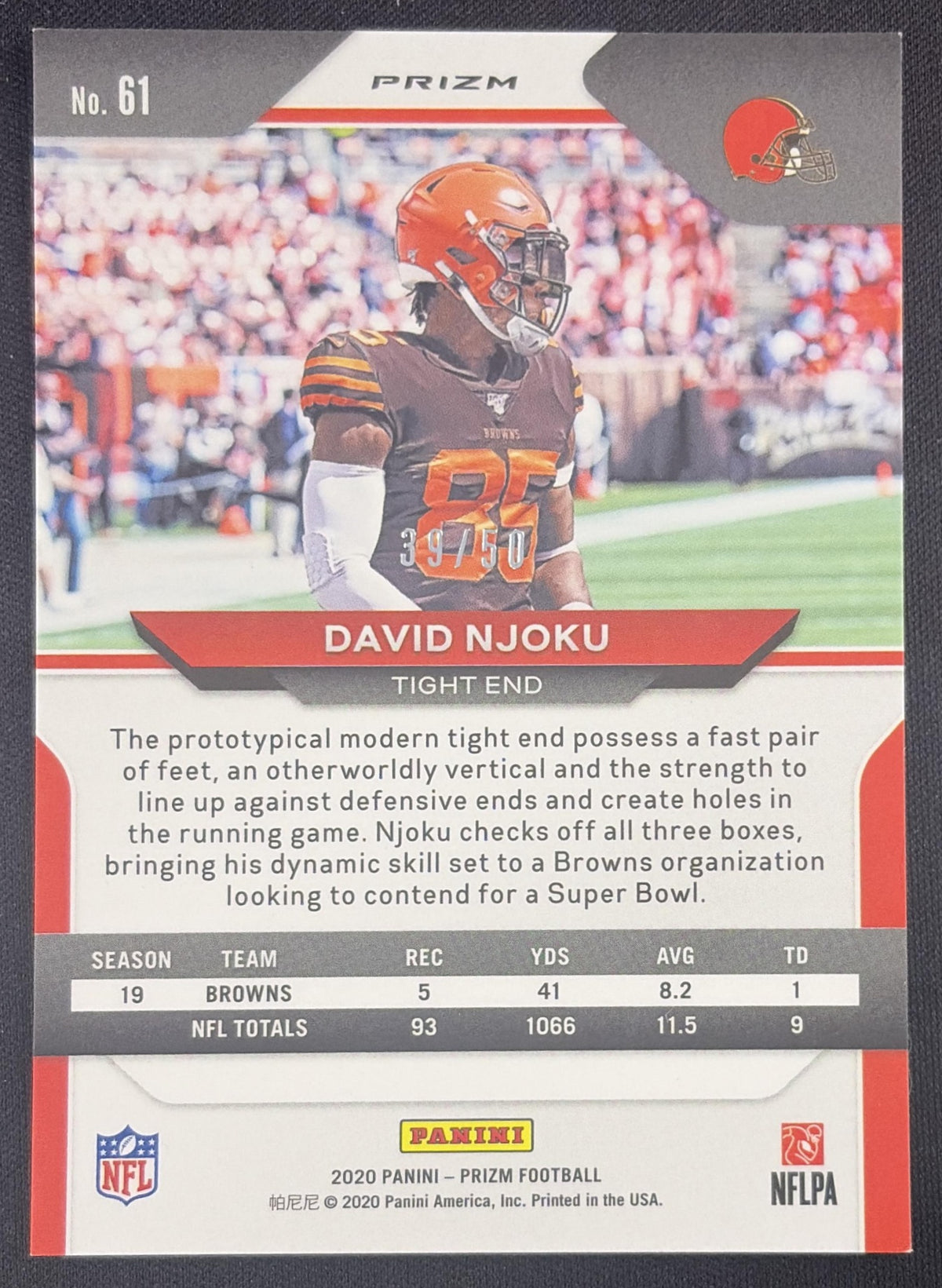 David Njoku 2020 Panini Prizm No Huddle Red /50 Browns