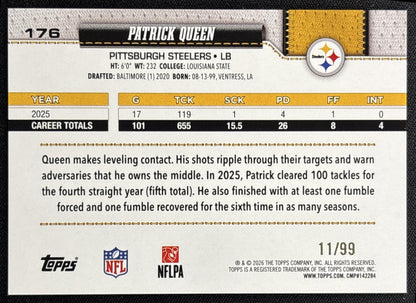Patrick Queen 2026 Topps Football Leather Green Foil /99 Steelers