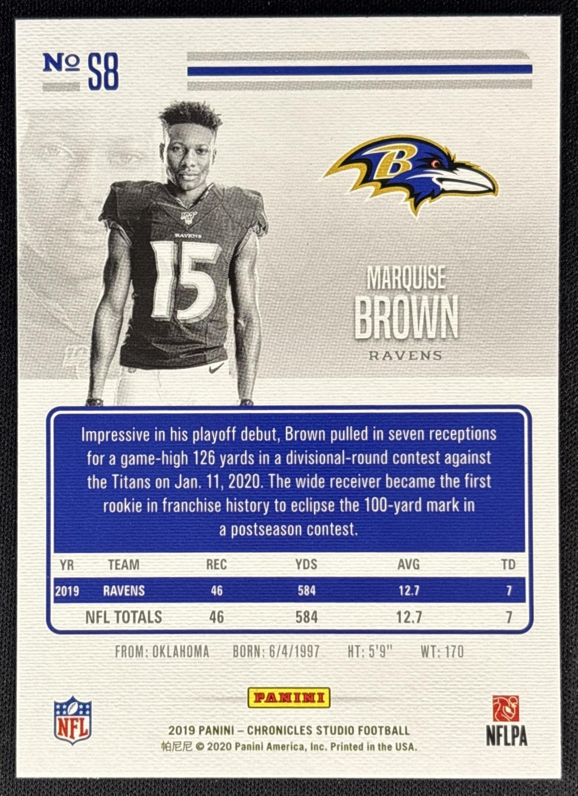 Marquise Brown 2019 Panini Chronicles Studio Ravens back