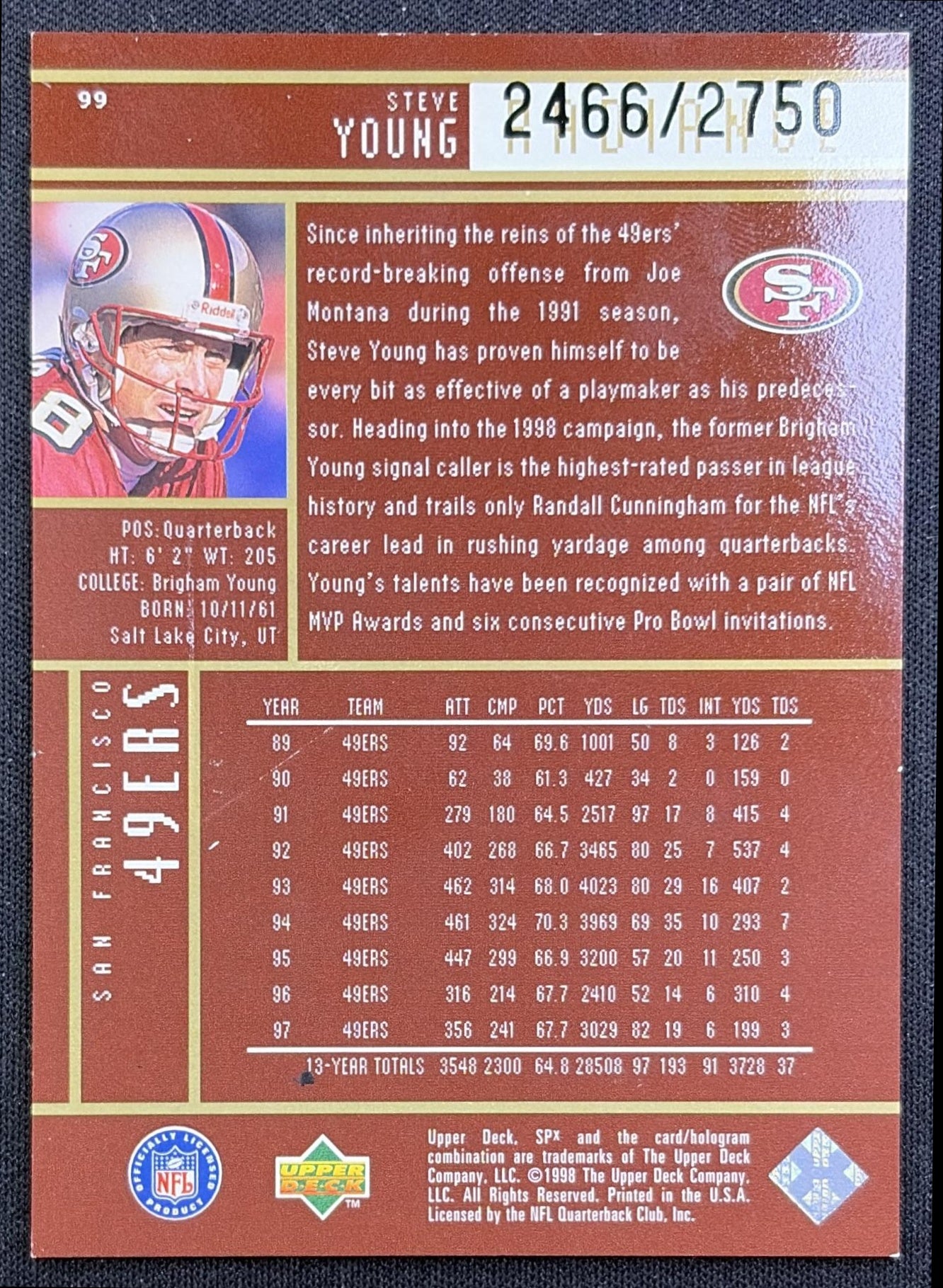 Steve Young 1998 SPx Finite Radiance /2750 49ers