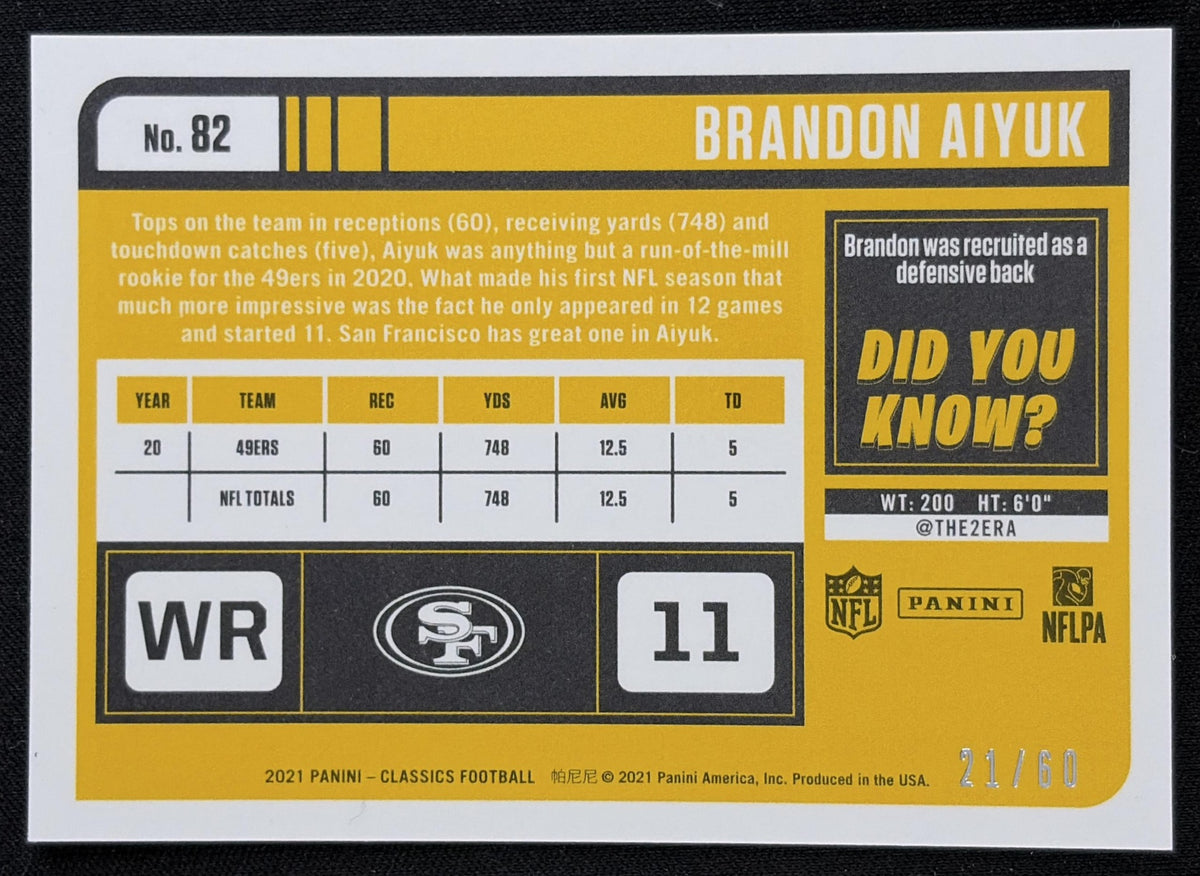 Brandon Aiyuk 2021 Panini Classics Premium Edition Timeless Tributes Gold /60 49ers - Back