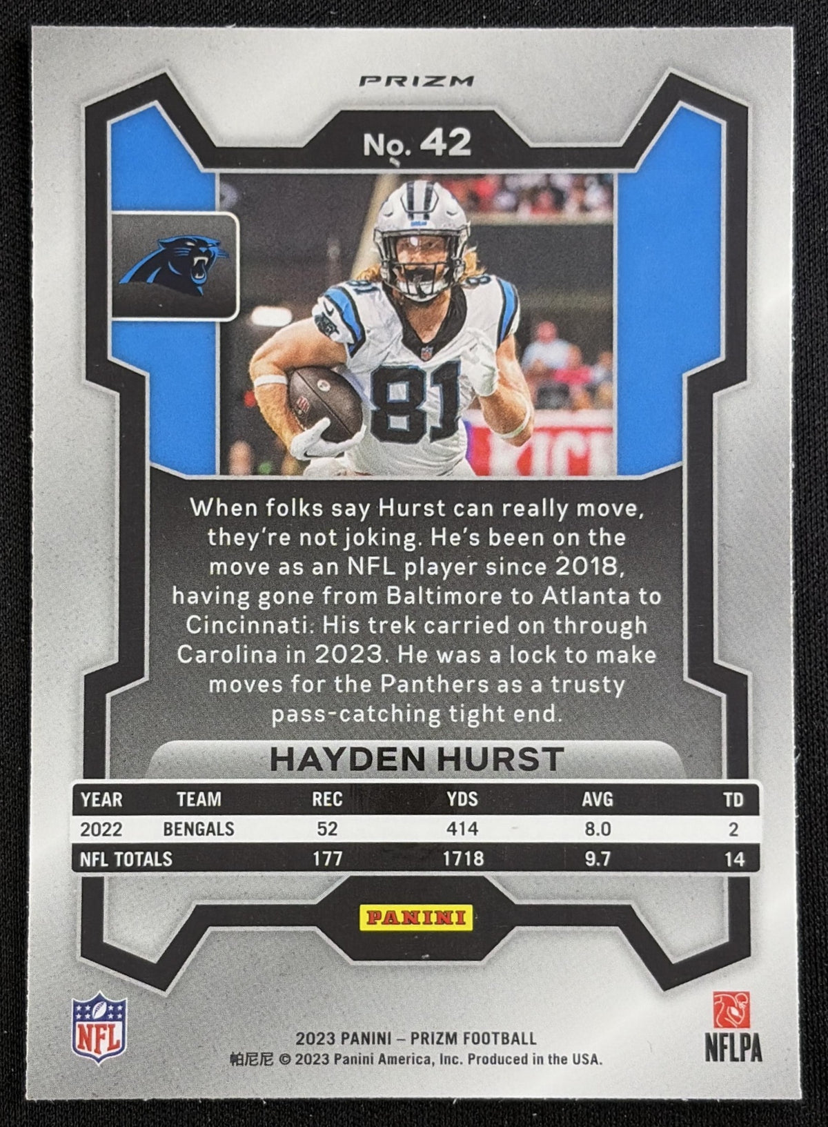 Hayden Hurst 2023 Panini Prizm Red Sparkle Panthers