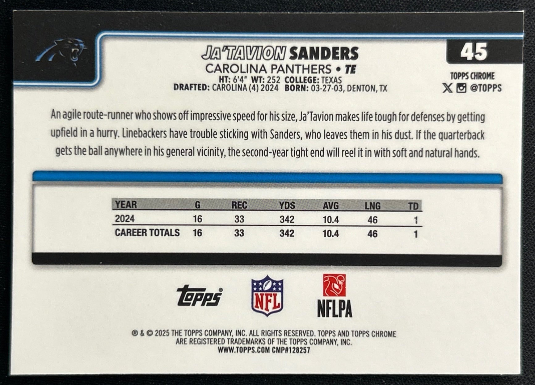 Ja'Tavion Sanders 2025 Topps Chrome Panthers Sports Trading Cards