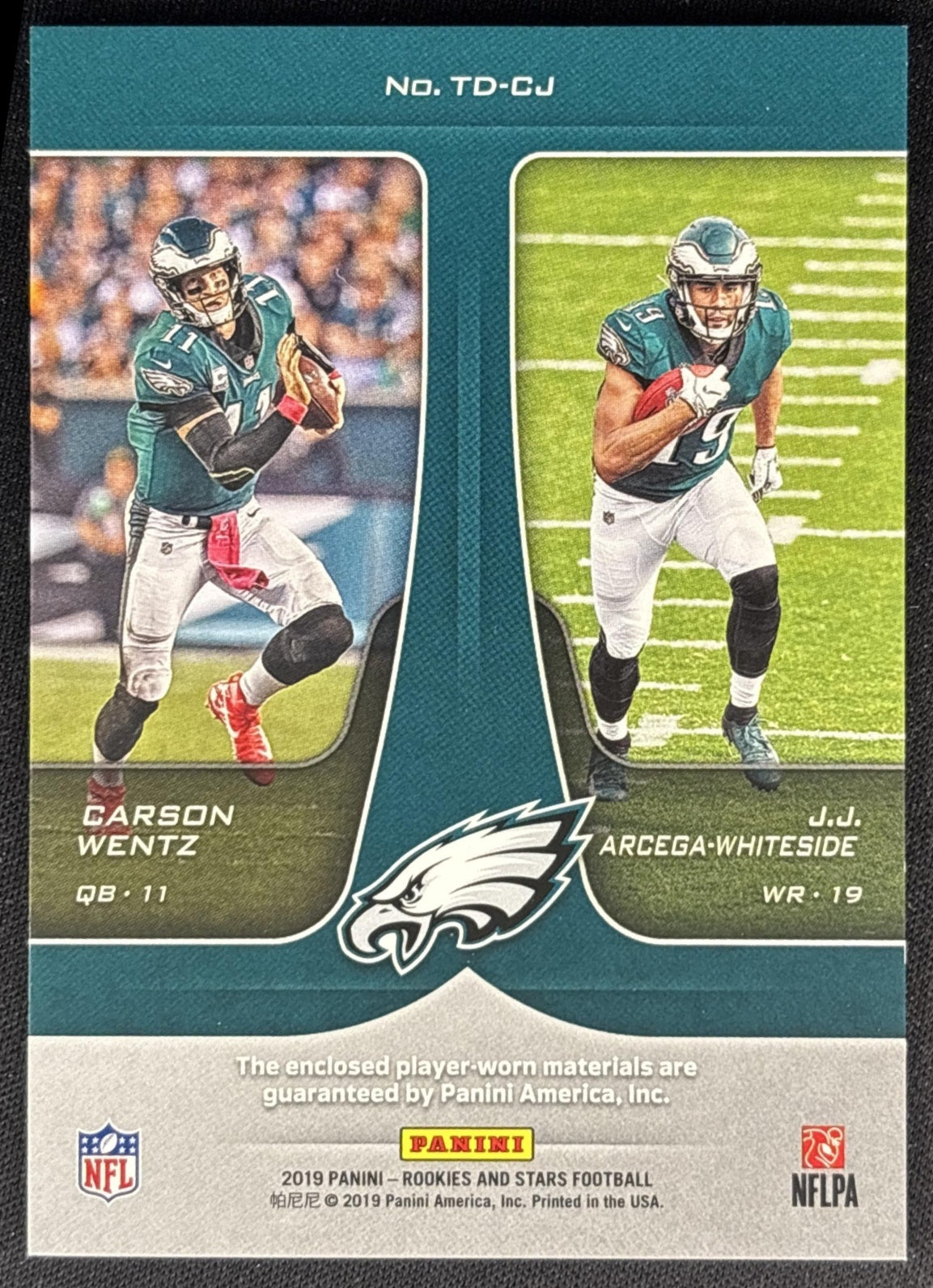 Carson Wentz J.J. Arcega-Whiteside 2019 Rookies & Stars Team Duals /199 Eagles back