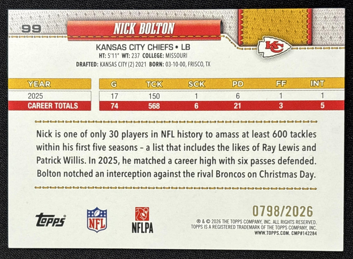 Nick Bolton 2026 Topps Gold /2026 Chiefs Kansas City Chiefs