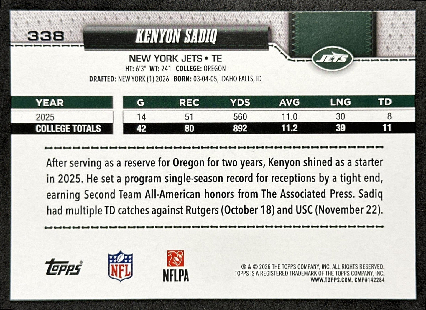 Kenyon Sadiq 2026 Topps Flagship Rookie Jets Sports Trading Card