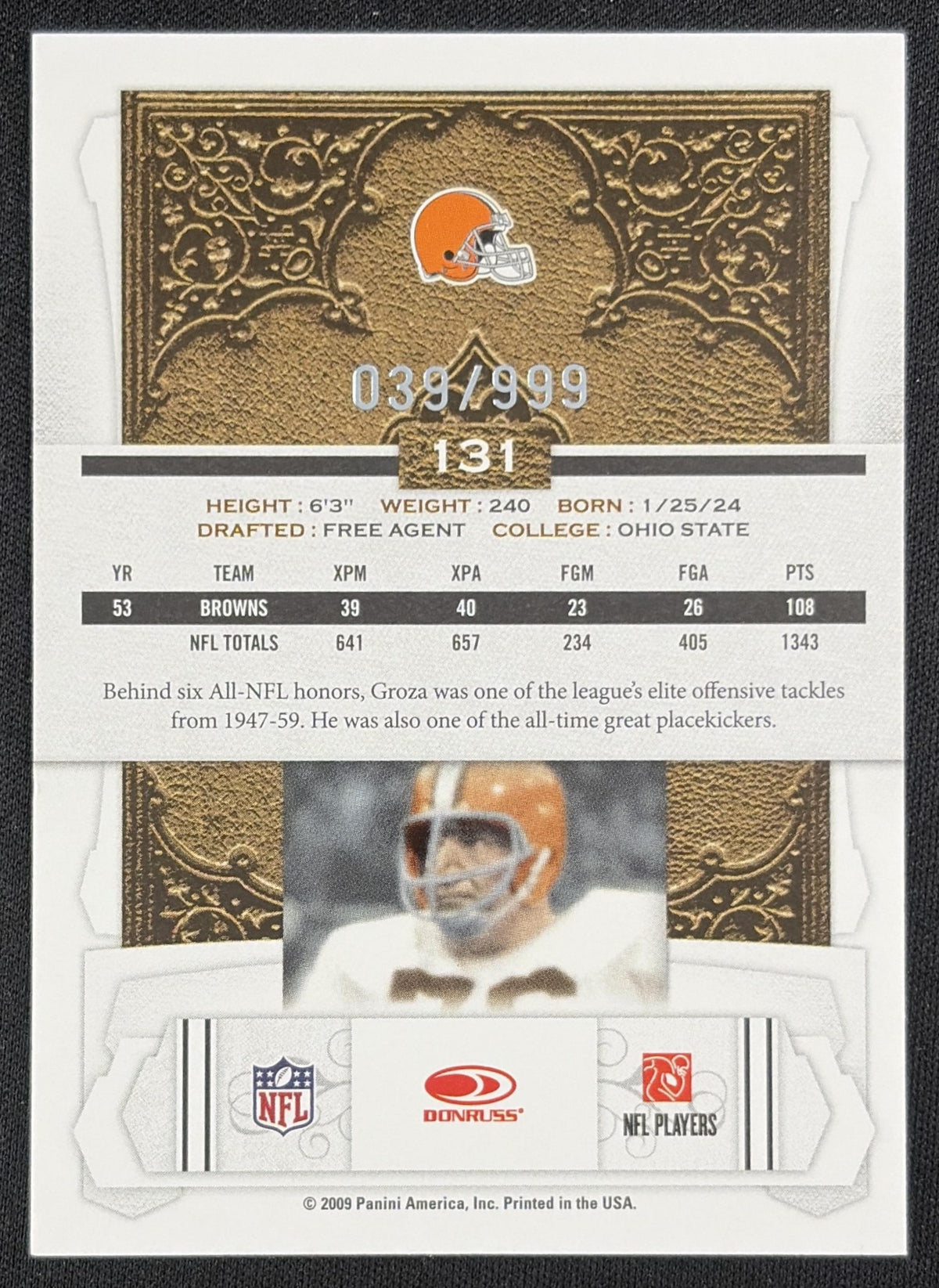 Lou Groza 2009 Panini Donruss Classics /999 Cleveland Browns