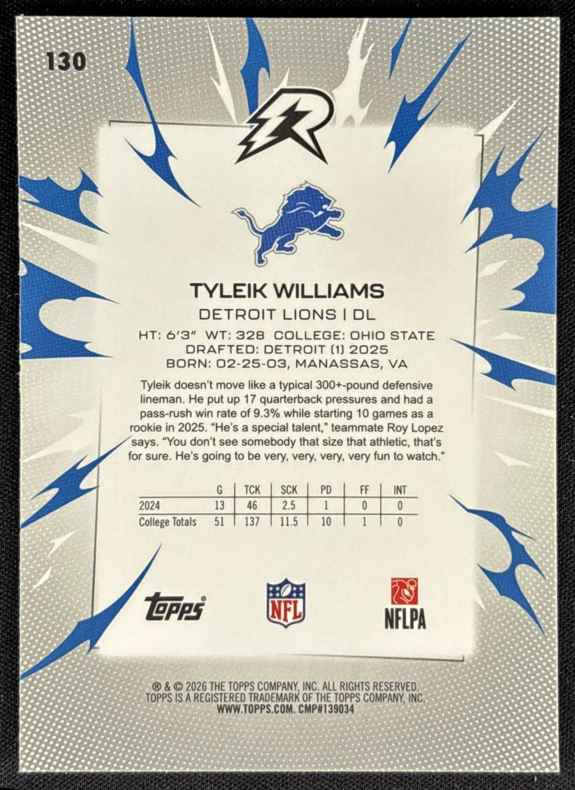 Tyleik Williams 2025 Topps Resurgence Blue and Orange Spark Refractor Lions