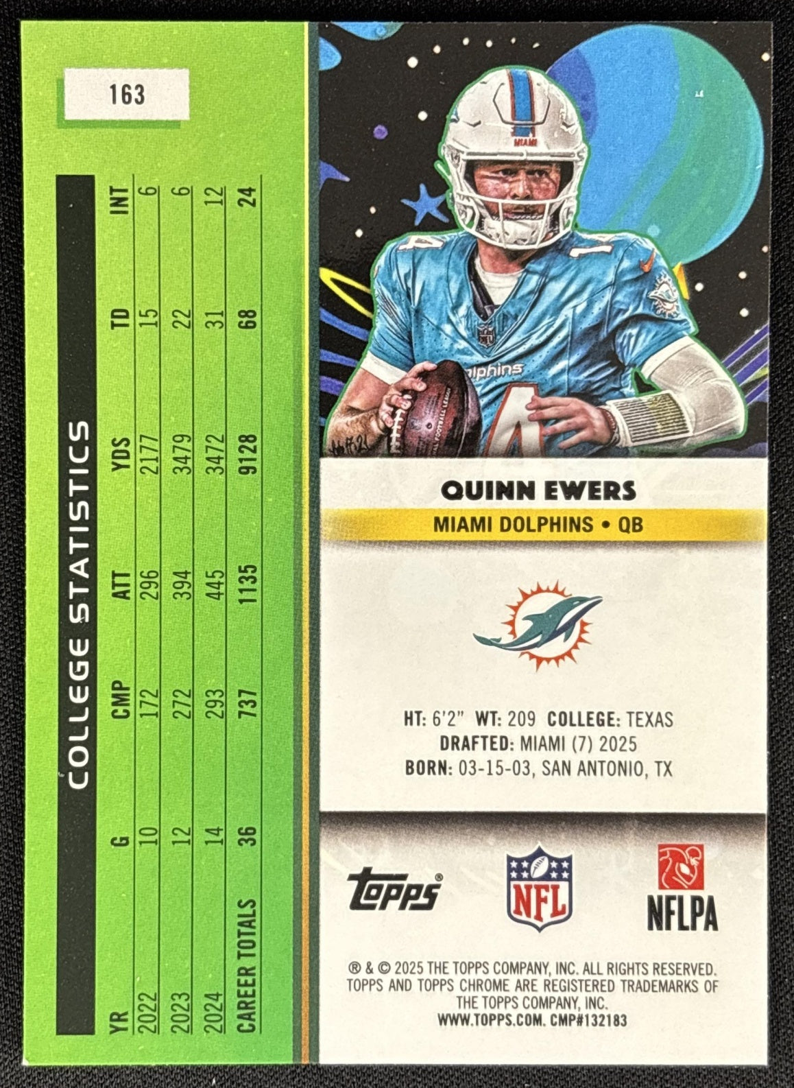 Quinn Ewers 2025 Topps Cosmic Chrome Dolphins