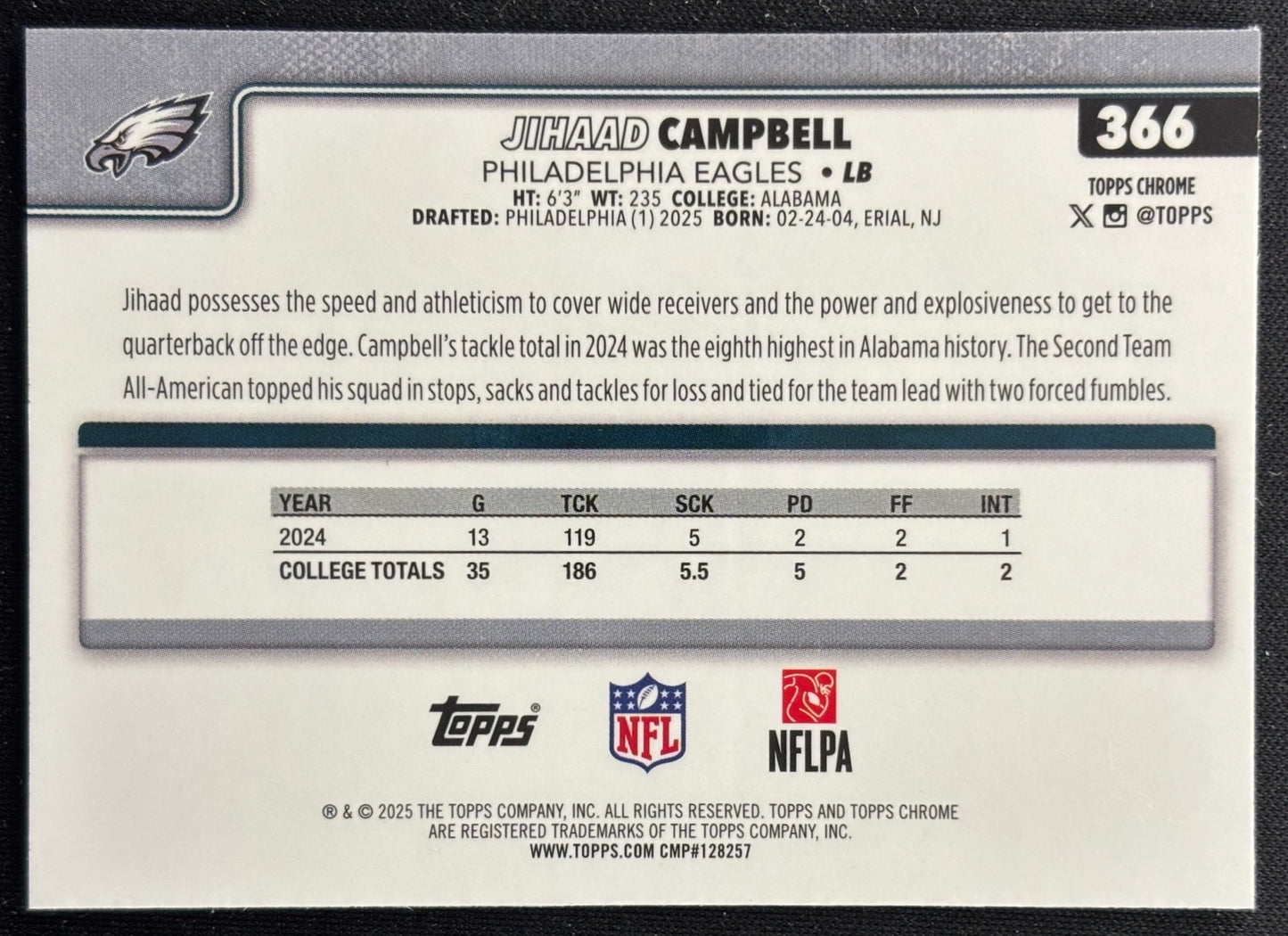 Jihaad Campbell 2025 Topps Chrome Rookie Eagles Sports Trading Cards