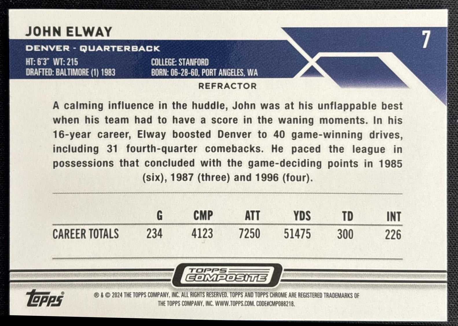 John Elway 2023 Topps Composite Chrome Refractor Broncos back