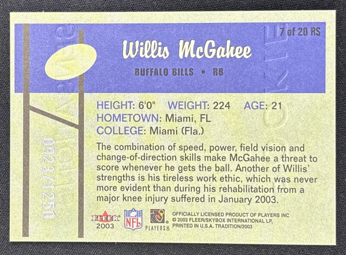 Willis McGahee 2003 Fleer Tradition Rookie Sensations /1250 Bills