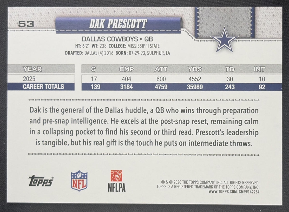 Dak Prescott 2026 Topps Fanatics Foil Cowboys Sports Trading Card