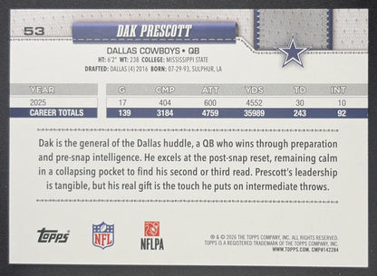 Dak Prescott 2026 Topps Fanatics Foil Cowboys Sports Trading Card
