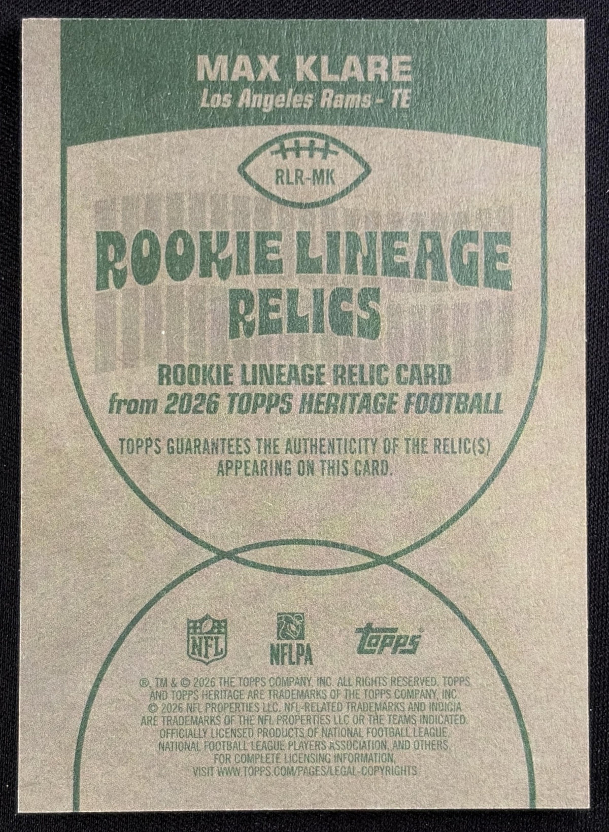 Max Klare 2026 Topps Heritage Rookie Lineage Relic Rams Sports Trading Card