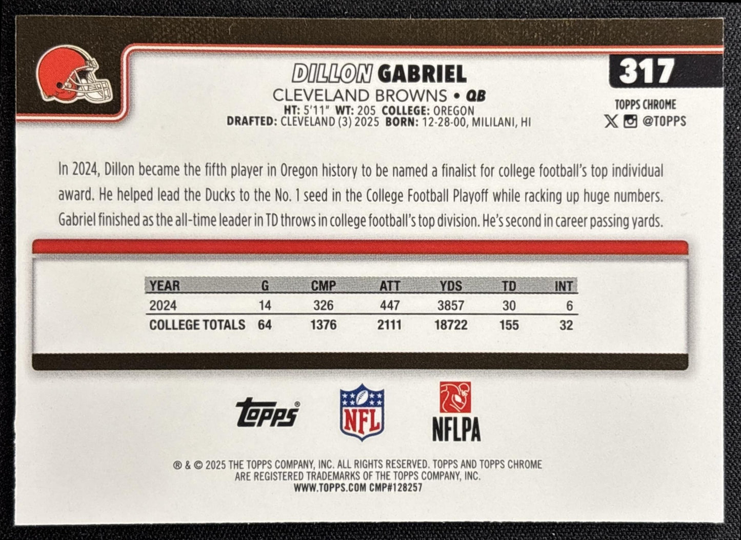 Dillon Gabriel 2025 Topps Chrome Rookie Blue Refractor /150 Browns