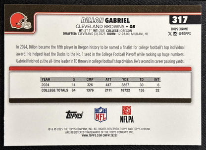 Dillon Gabriel 2025 Topps Chrome Rookie Blue Refractor /150 Browns