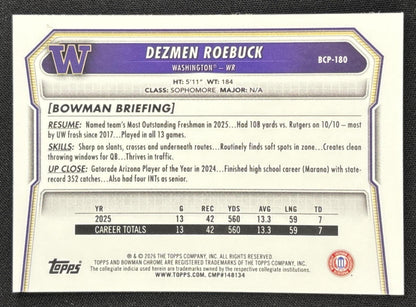 Dezmen Roebuck 2026 Bowman Chrome Prospects Mojo Refractor Huskies