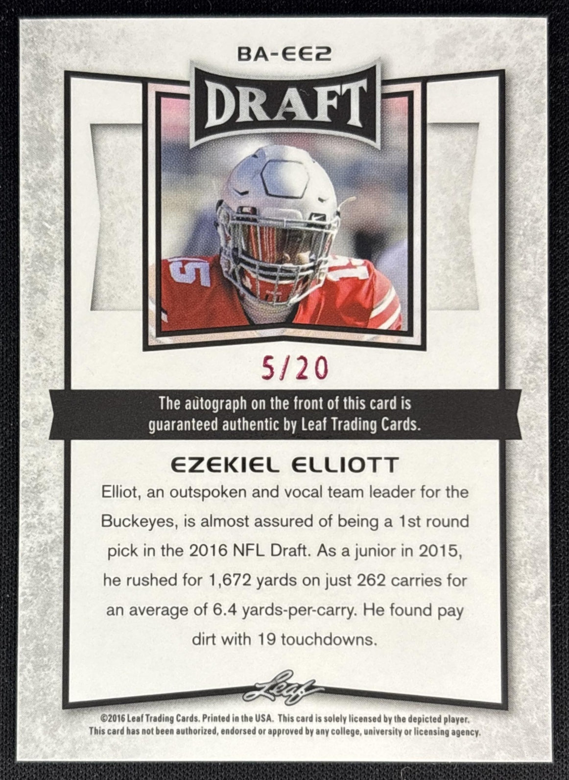 Ezekiel Elliott 2016 Leaf Metal Draft Pink /20 Buckeyes back