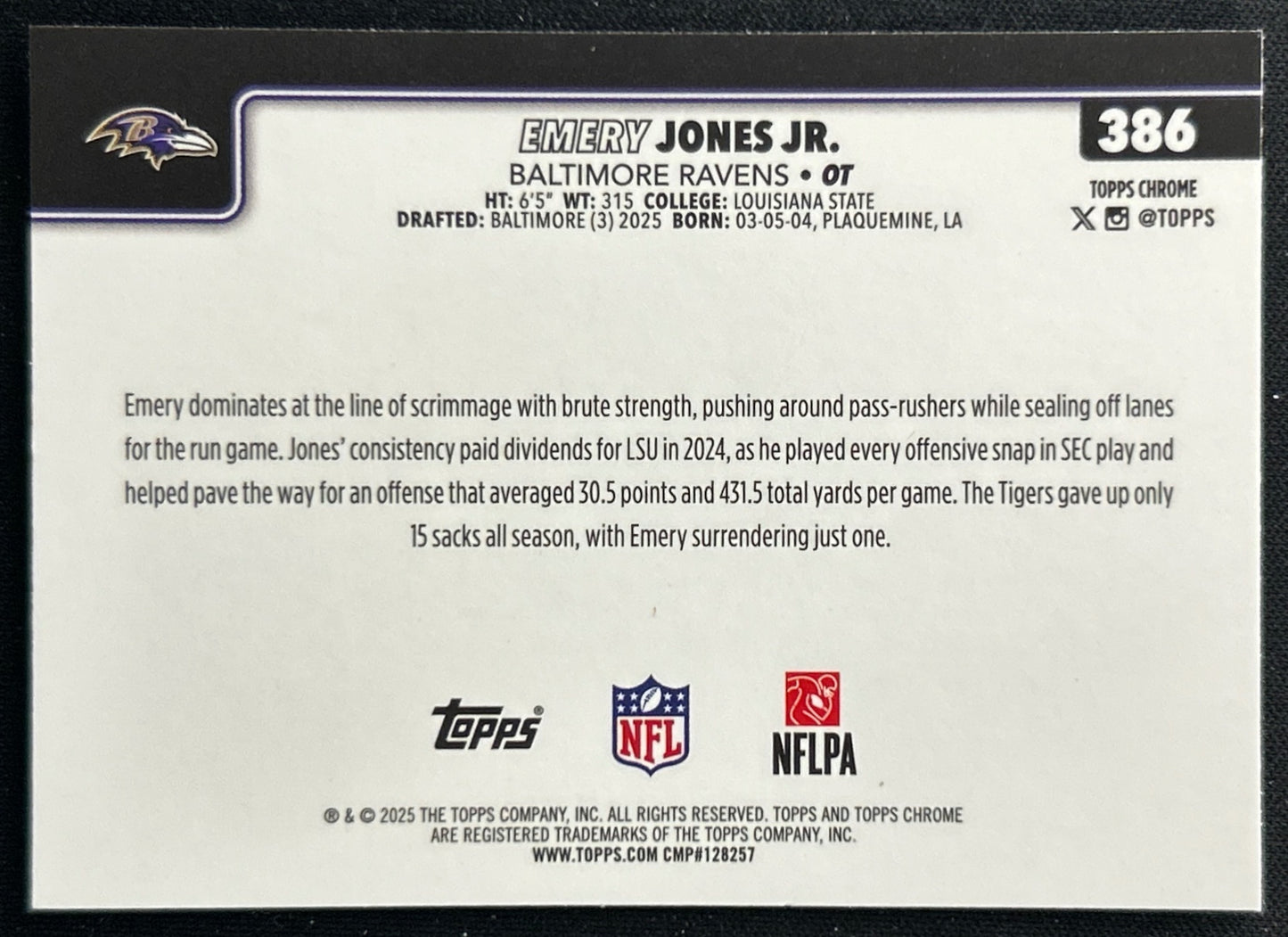 Emery Jones Jr. 2025 Topps Chrome Rookie Ravens Sports Trading Cards