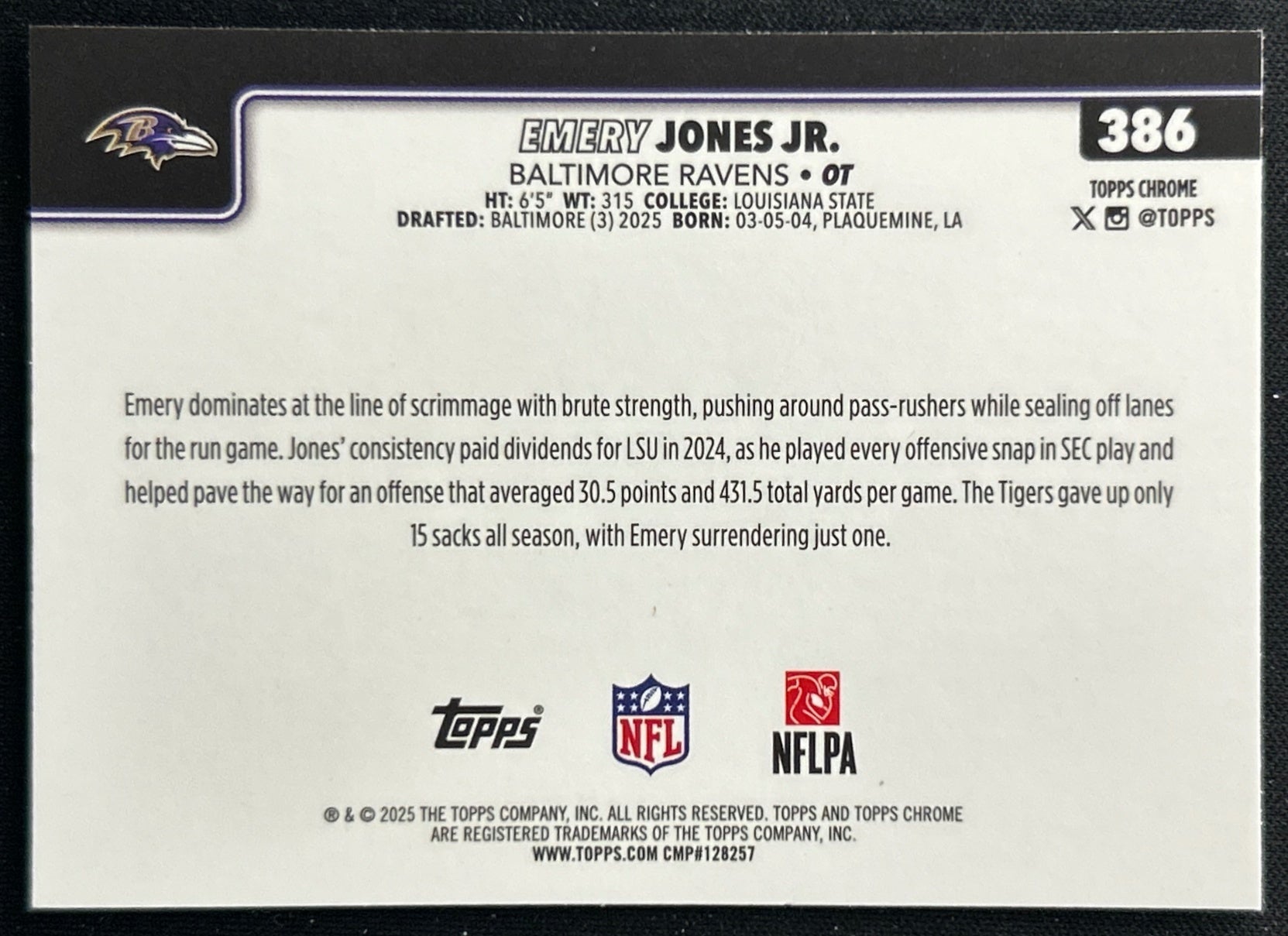 Emery Jones Jr. 2025 Topps Chrome Rookie Ravens Sports Trading Cards