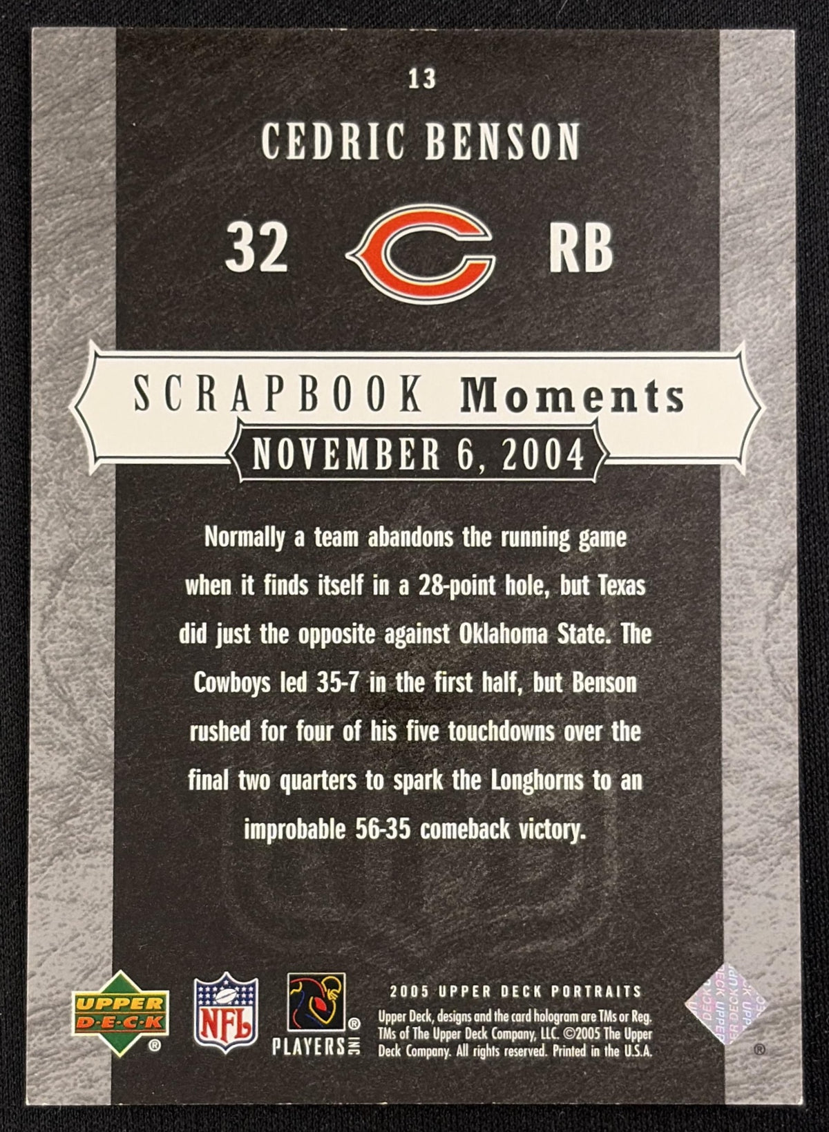 Cedric Benson 2005 Upper Deck Portraits Scrapbook Moments /425 Bears - back