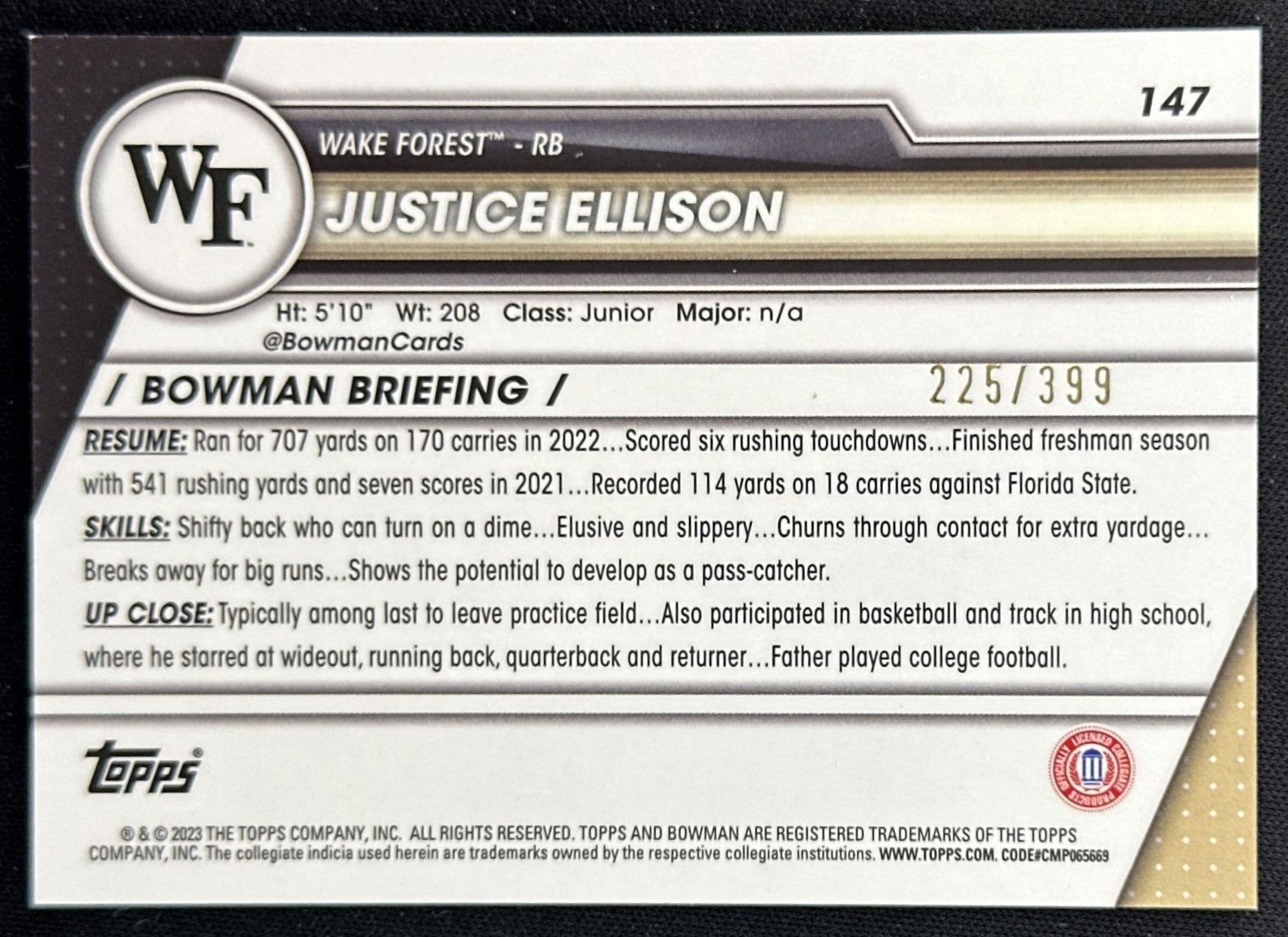 Justice Ellison 2023 Bowman University Chrome Purple Mini Diamond Refractor /399 back
