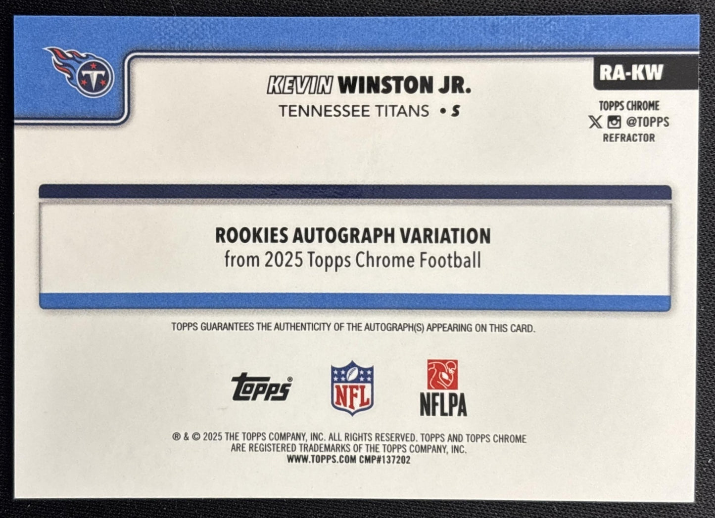 Kevin Winston Jr. 2025 Topps Chrome Rookie Auto Refractor /499 Titans back