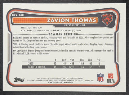 Zavion Thomas 2026 Bowman Chrome NFL Speckle Refractor Bears