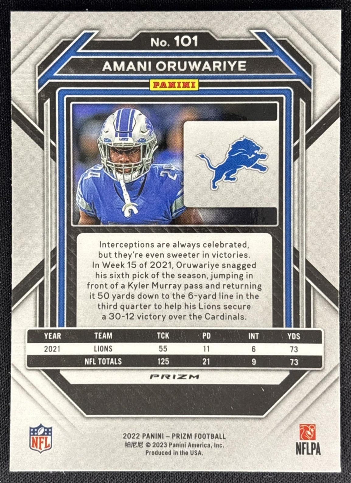 Amani Oruwariye 2022 Panini Prizm Orange Ice Lions back