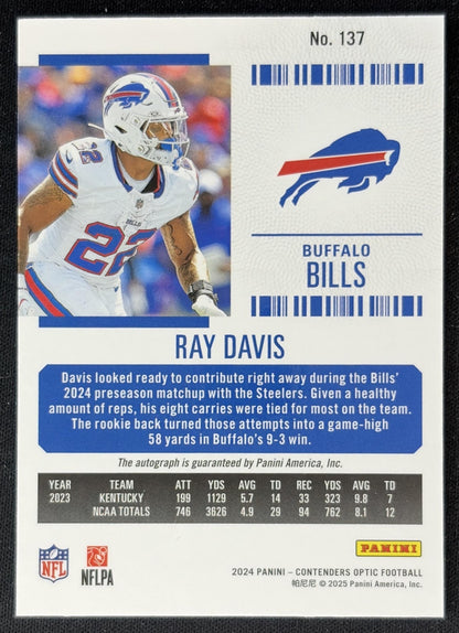Ray Davis 2024 Panini Contenders Optic Rookie Ticket RPS Auto Bills back