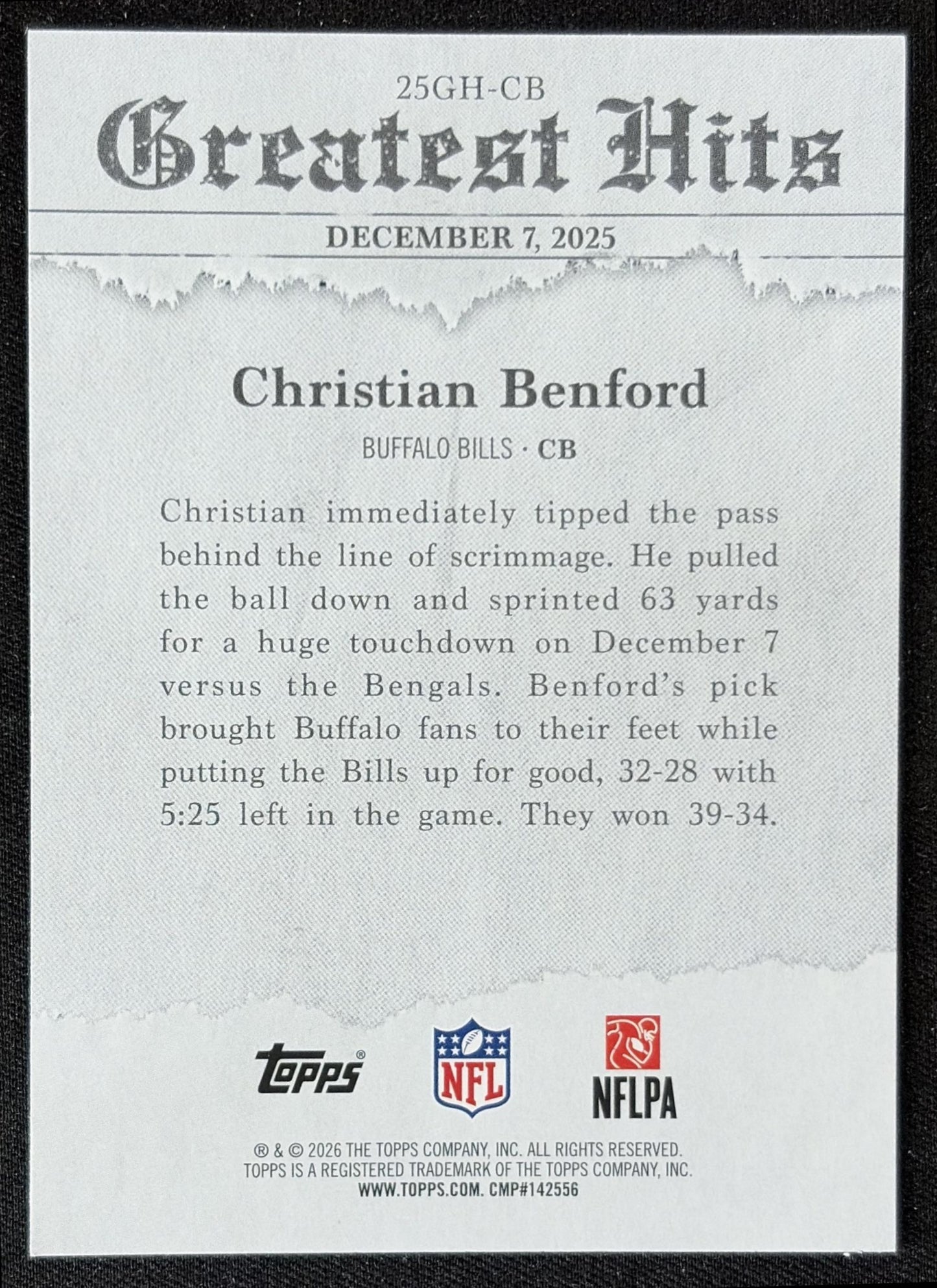 Christian Benford 2026 Topps 2025 Greatest Hits Bills back