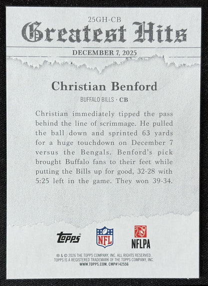 Christian Benford 2026 Topps 2025 Greatest Hits Bills back